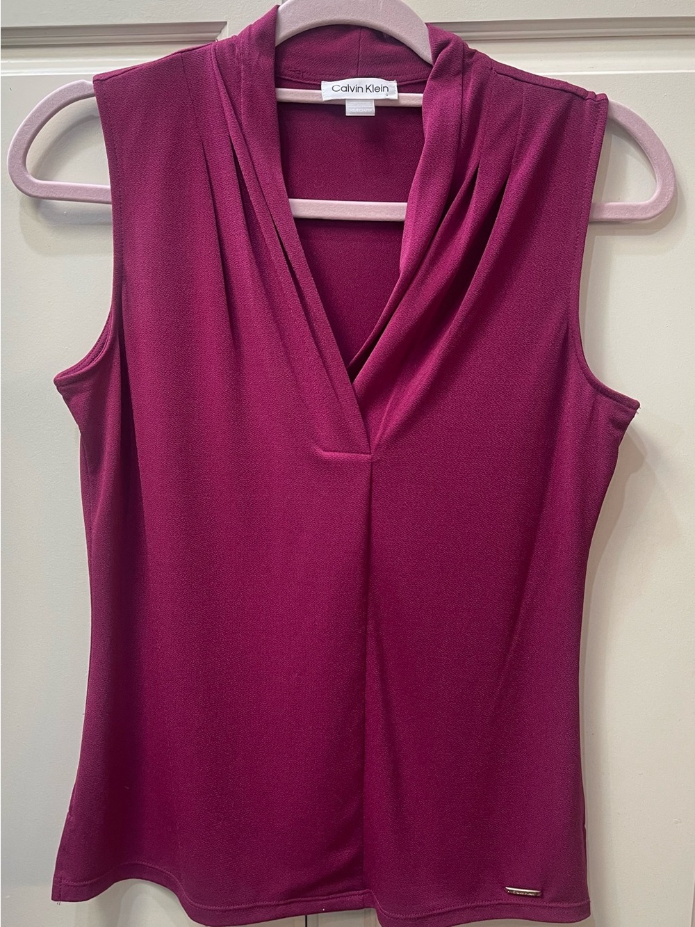 Calvin Klein Draped Pleated V-Neck Sleeveless Blouse Berry Pink XS